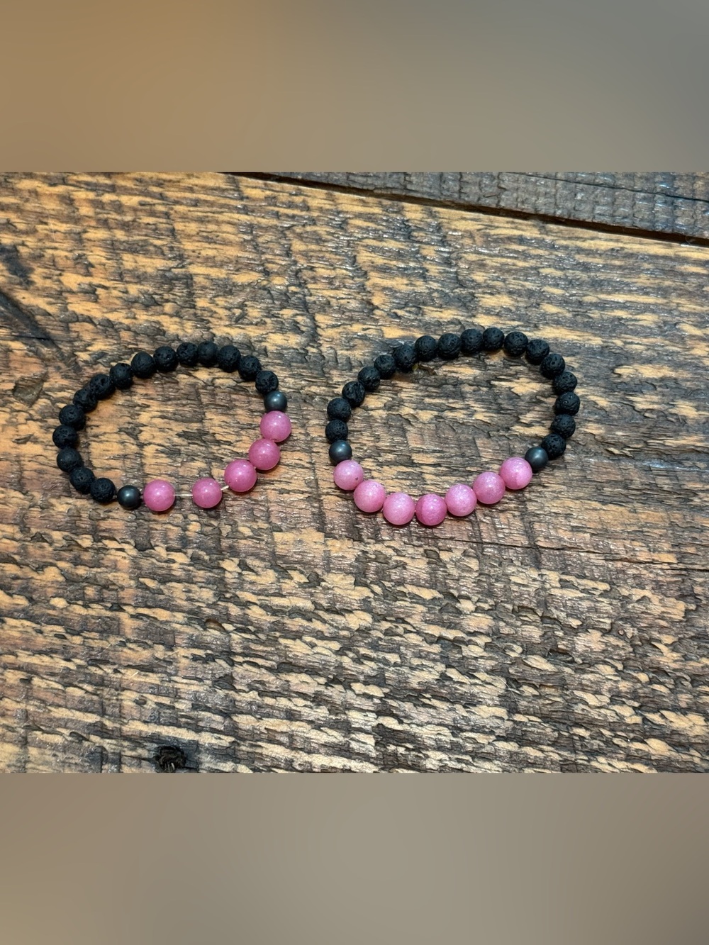 Pink & Black Lava Stone Mother & Daughter Beaded Stretch Bracelets